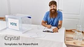  Presentation with party - PPT theme with young-redhead-politic-party-worker background and a light gray colored foreground