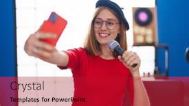  Presentation with music singing - Presentation theme consisting of young-redhead-woman-artist-singing background and a crimson colored foreground