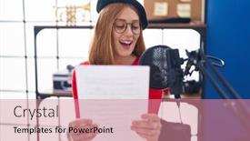  Presentation with music singing - Theme enhanced with young-redhead-woman-artist-singing background and a coral colored foreground
