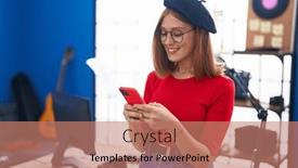  Presentation with artist - Slide deck having young-redhead-woman-artist-smiling background and a coral colored foreground