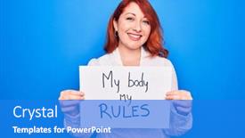  Presentation with women rights - Colorful presentation theme enhanced with young-redhead-woman-asking backdrop and a cobalt blue colored foreground
