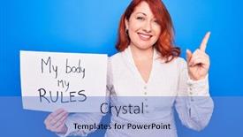  Presentation with women rights - Audience pleasing presentation theme consisting of young-redhead-woman-asking backdrop and a teal colored foreground