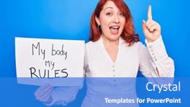  Presentation with women rights - Beautiful presentation design featuring young-redhead-woman-asking backdrop and a cobalt blue colored foreground