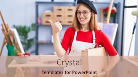  Presentation with art - PPT theme consisting of young-redhead-woman-at-art background and a  colored foreground