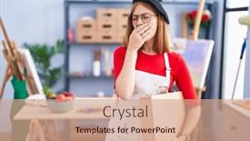  Presentation with art - Presentation theme consisting of young-redhead-woman-at-art background and a  colored foreground