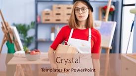  Presentation with art - PPT theme having young-redhead-woman-at-art background and a coral colored foreground