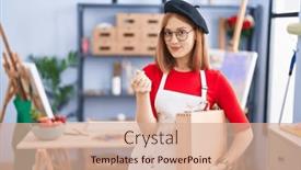  Presentation with payment - Presentation theme consisting of young-redhead-woman-at-art background and a coral colored foreground