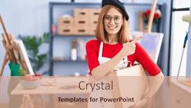  Presentation with case - PPT layouts enhanced with young-redhead-woman-at-art background and a coral colored foreground