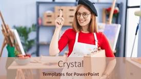  Presentation with case - Presentation theme consisting of young-redhead-woman-at-art background and a coral colored foreground