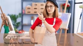  Presentation with calm - PPT theme featuring young-redhead-woman-at-art background and a coral colored foreground