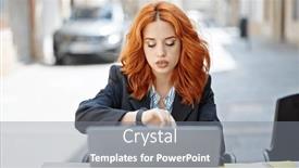  Presentation with coffee shop - Presentation theme featuring young-redhead-woman-business-worker background and a gray colored foreground