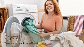  Presentation with clothes washing machine - PPT theme consisting of young-redhead-woman-cleaning-clothes background and a coral colored foreground