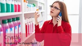  Presentation with sunscreen - PPT theme featuring young-redhead-woman-customer-talking background and a red colored foreground