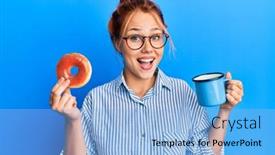  Presentation with coffee chocolate - Slide deck with young-redhead-woman-eating-breakfast background and a light blue colored foreground