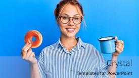  Presentation with coffee chocolate - Colorful presentation design enhanced with young-redhead-woman-eating-breakfast backdrop and a light blue colored foreground