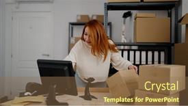  Presentation with ecommerce - Presentation design enhanced with young-redhead-woman-ecommerce-business background and a  colored foreground