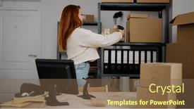  Presentation with barcode - Presentation theme having young-redhead-woman-ecommerce-business background and a violet colored foreground