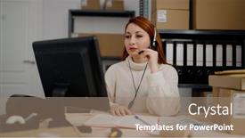  Presentation with call center - PPT theme having young-redhead-woman-ecommerce-call background and a  colored foreground