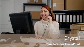  Presentation with call center - Presentation design featuring young-redhead-woman-ecommerce-call background and a coral colored foreground