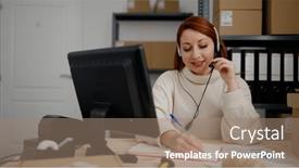  Presentation with call center - PPT theme consisting of young-redhead-woman-ecommerce-call background and a coral colored foreground