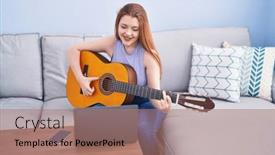  Presentation with guitar class - Presentation theme enhanced with young-redhead-woman-having-online background and a coral colored foreground