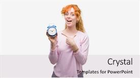  Presentation with public alarm - Colorful PPT layouts enhanced with young redhead woman holding alarm backdrop and a soft green colored foreground