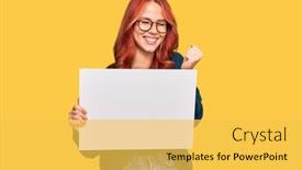  Presentation with blank - Slide set enhanced with young-redhead-woman-holding-blank background and a yellow colored foreground