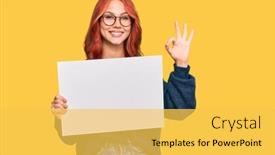  Presentation with blank - Slide deck featuring young-redhead-woman-holding-blank background and a yellow colored foreground