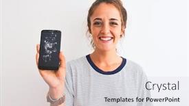  Presentation with teeth - Presentation theme consisting of young redhead woman holding broken smartphone over isolated background with a happy face standing and smiling with a confident smile showing teeth background and a sky blue colored foreground