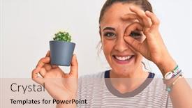  Presentation with hand holding plant - Amazing PPT layouts having young-redhead-woman-holding-cactus backdrop and a lemonade colored foreground