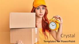  Presentation with clock face - Colorful slide deck enhanced with young-redhead-woman-holding-delivery backdrop and a yellow colored foreground
