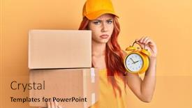  Presentation with negative - PPT theme consisting of young-redhead-woman-holding-delivery background and a coral colored foreground