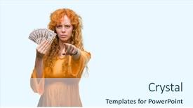  Presentation with golden dollar sign - Slide deck with young redhead woman holding dollars background and a  colored foreground