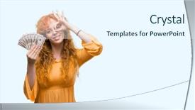  Presentation with eye - Audience pleasing PPT theme consisting of young redhead woman holding dollars backdrop and a sky blue colored foreground