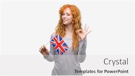  Presentation with united kingdom - Audience pleasing presentation theme consisting of young-redhead-woman-holding-flag backdrop and a white colored foreground