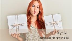  Presentation with gifts - Beautiful presentation featuring young-redhead-woman-holding-gifts backdrop and a coral colored foreground