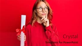  Presentation with diploma - Colorful presentation theme enhanced with young-redhead-woman-holding-graduate backdrop and a crimson colored foreground