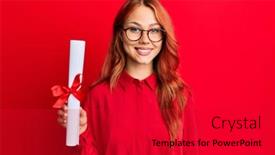 Presentation with diploma - Cool new presentation theme with young-redhead-woman-holding-graduate backdrop and a red colored foreground