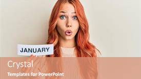  Presentation with january - PPT theme having young-redhead-woman-holding-january background and a coral colored foreground
