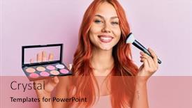  Presentation with makeup - PPT theme consisting of young-redhead-woman-holding-makeup background and a red colored foreground