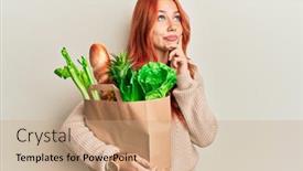  Presentation with paper bag - Beautiful slides featuring young-redhead-woman-holding-paper backdrop and a coral colored foreground