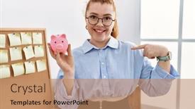 Presentation with piggy bank - Slides featuring young-redhead-woman-holding-piggy background and a coral colored foreground
