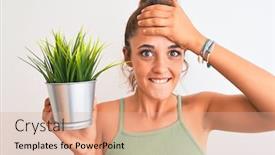  Presentation with hand holding plant - PPT layouts enhanced with young redhead woman holding plant pot over isolated background stressed with hand on head shocked with shame and surprise face angry and frustrated fear and upset for mistake background and a coral colored foreground