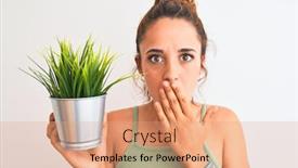  Presentation with hand holding plant - Cool new presentation design with young redhead woman holding plant pot over isolated background cover mouth with hand shocked with shame for mistake expression of fear scared in silence secret concept backdrop and a coral colored foreground