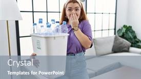  Presentation with plastic recycling - PPT theme with young-redhead-woman-holding-recycling background and a gray colored foreground