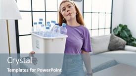  Presentation with plastic recycling - Presentation theme having young-redhead-woman-holding-recycling background and a seafoam green colored foreground