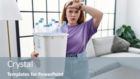  Presentation with plastic recycling - PPT theme having young-redhead-woman-holding-recycling background and a gray colored foreground