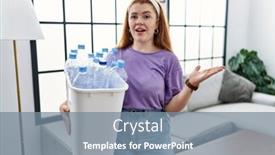  Presentation with woman hands open - PPT theme consisting of young-redhead-woman-holding-recycling background and a seafoam green colored foreground