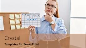  Presentation with travel - Presentation theme having young-redhead-woman-holding-travel background and a coral colored foreground