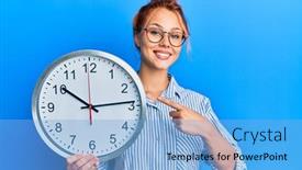  Presentation with clock - Cool new theme with young-redhead-woman-holding backdrop and a light blue colored foreground
